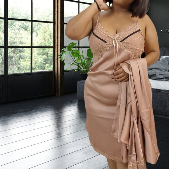 NakedBae Bridal Coral Peach Satin Silk Luxe Nightwear with Shrug