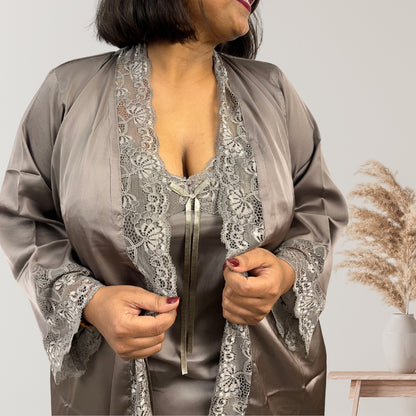 NakedBae Eternal Bliss Foggy Grey Delight Nightwear set with Satin Silk Robe