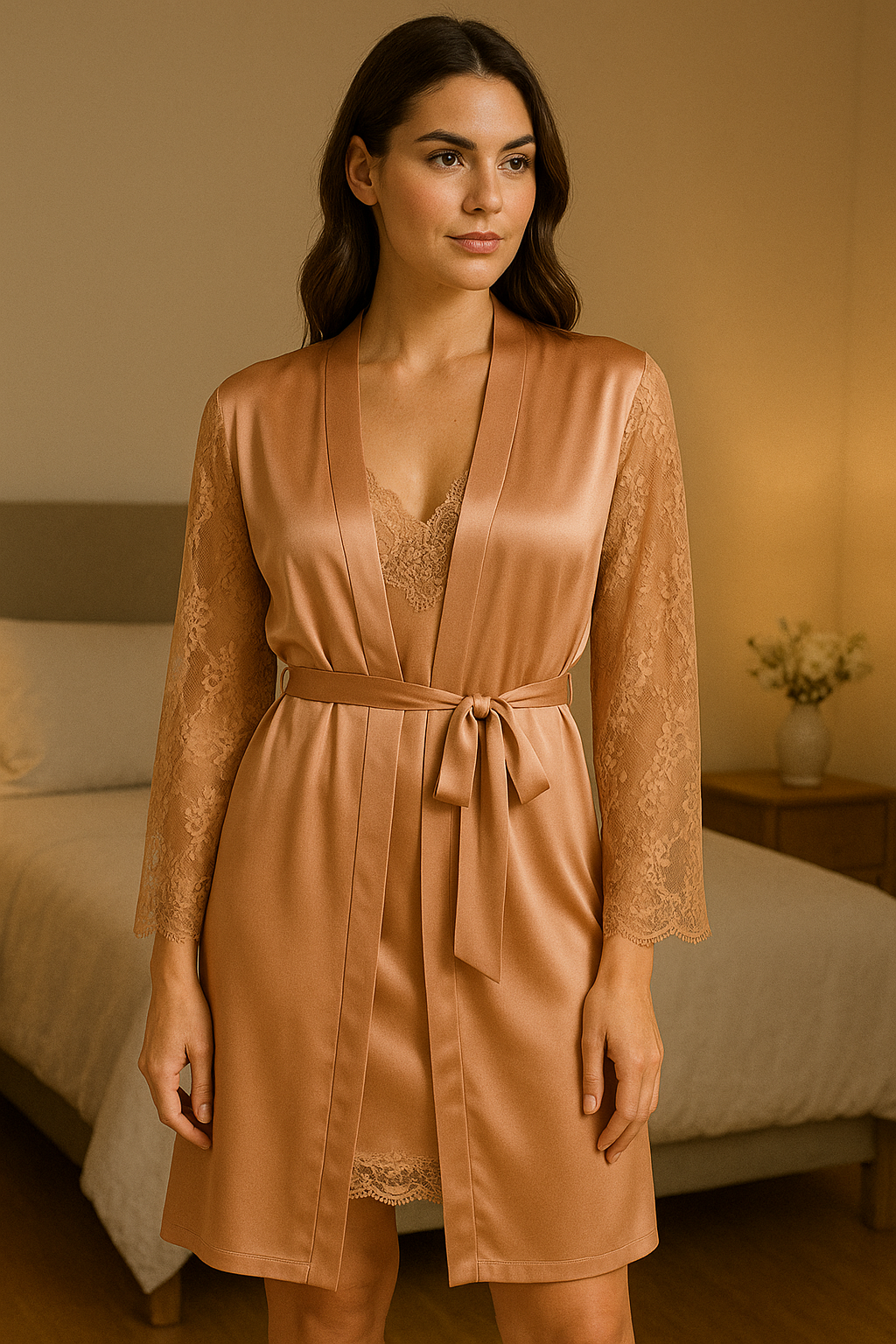 Close-up of luxury satin silk fabric in coral peach for NakedBae bridal nightwear set
