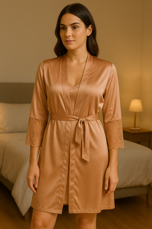 NakedBae Bridal Coral Peach Satin Silk Luxe Nightwear with Shrug